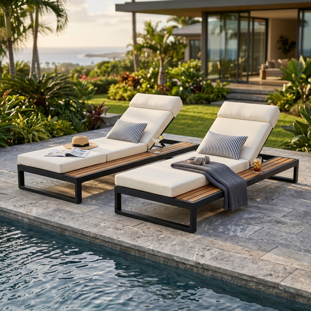 Black Iron & Teak Finish Chaise Lounge Set: 1 Frame + 1 4-Fold