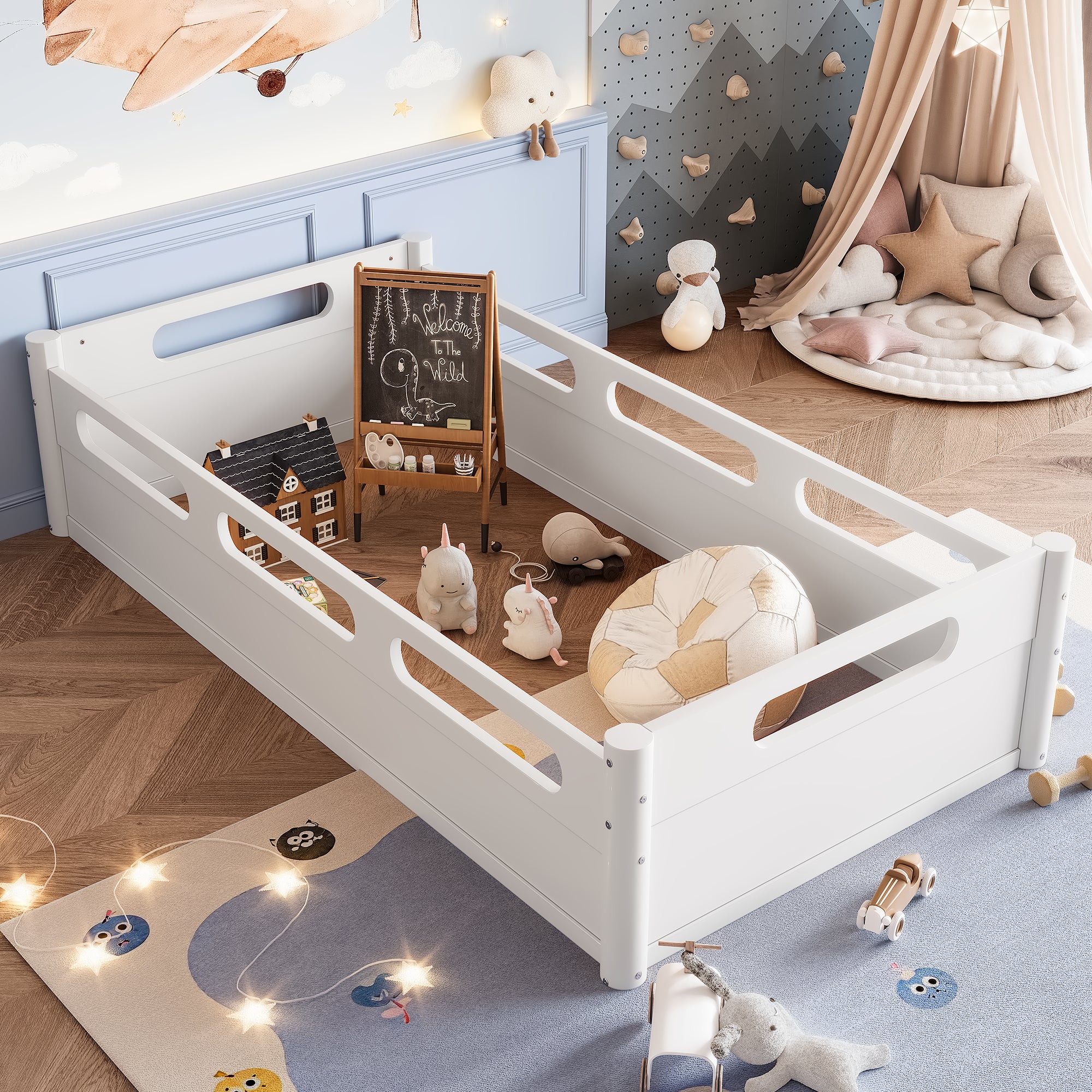 Twin Size Floor Platform Bed with Full-length Guardrails