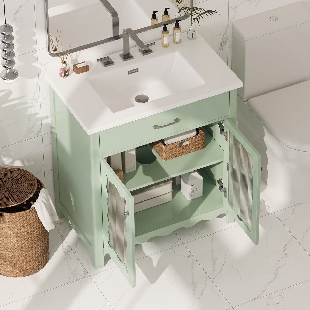 30 Inch Bathroom Vanity with Tempered Glass