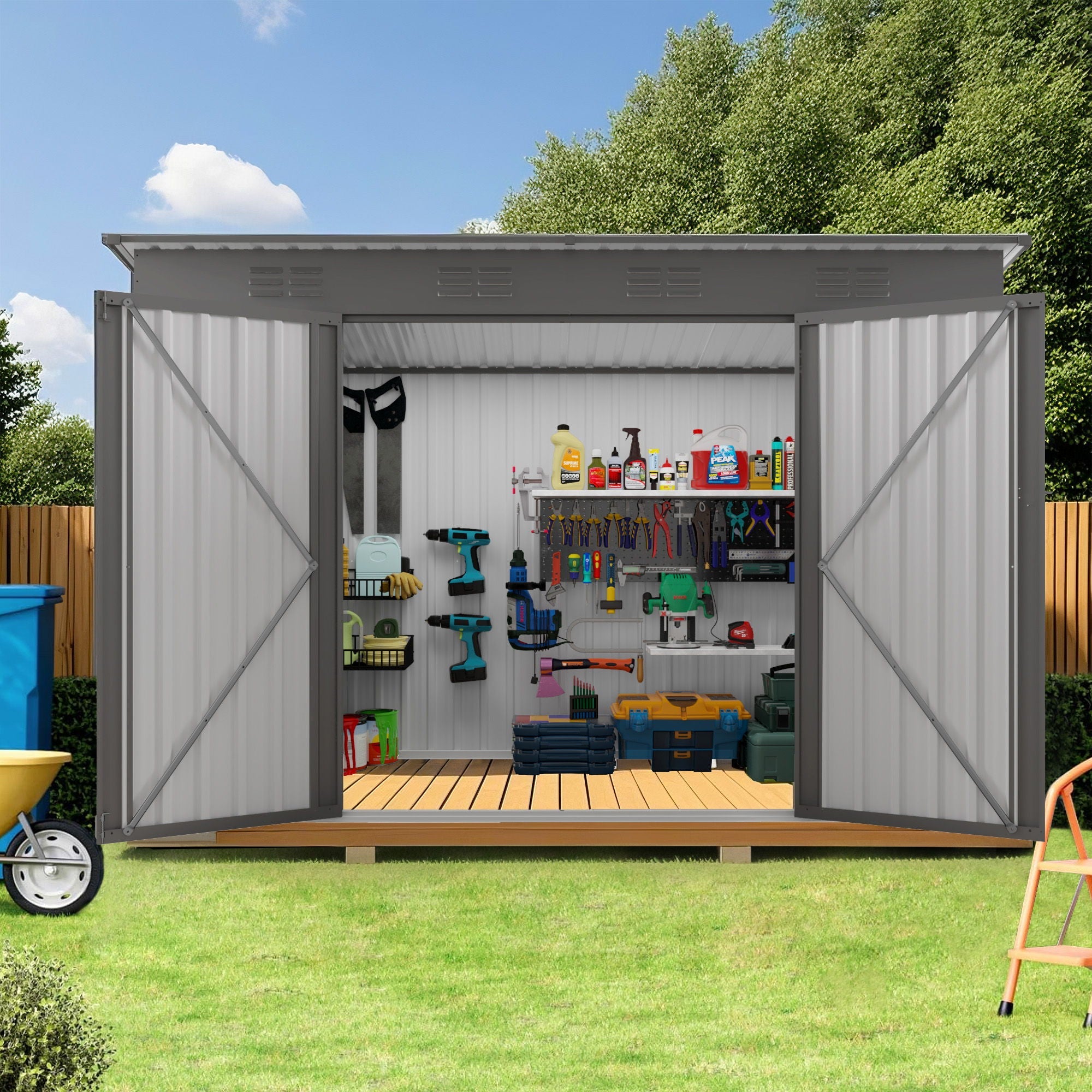 Outdoor Storage Shed, Tool House With Sloping Roof, 6 Vents And 2 Swing Doors For Backyard - Gray