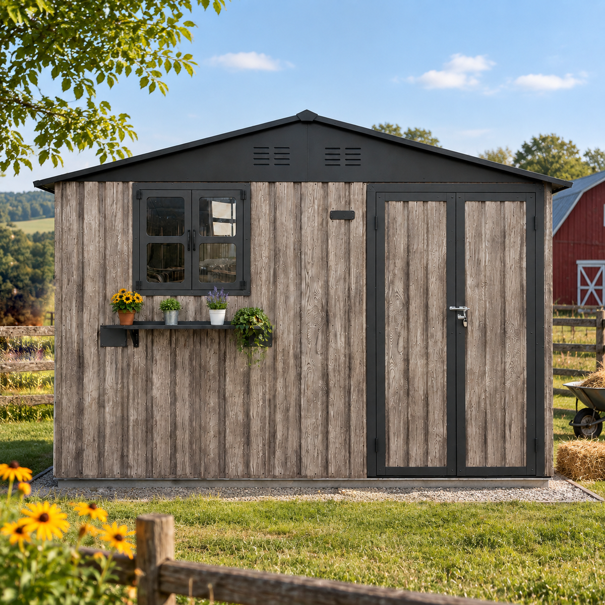 10x8 FT Outdoor Metal Storage Shed with Lockable Doors and Window, Grey and Black