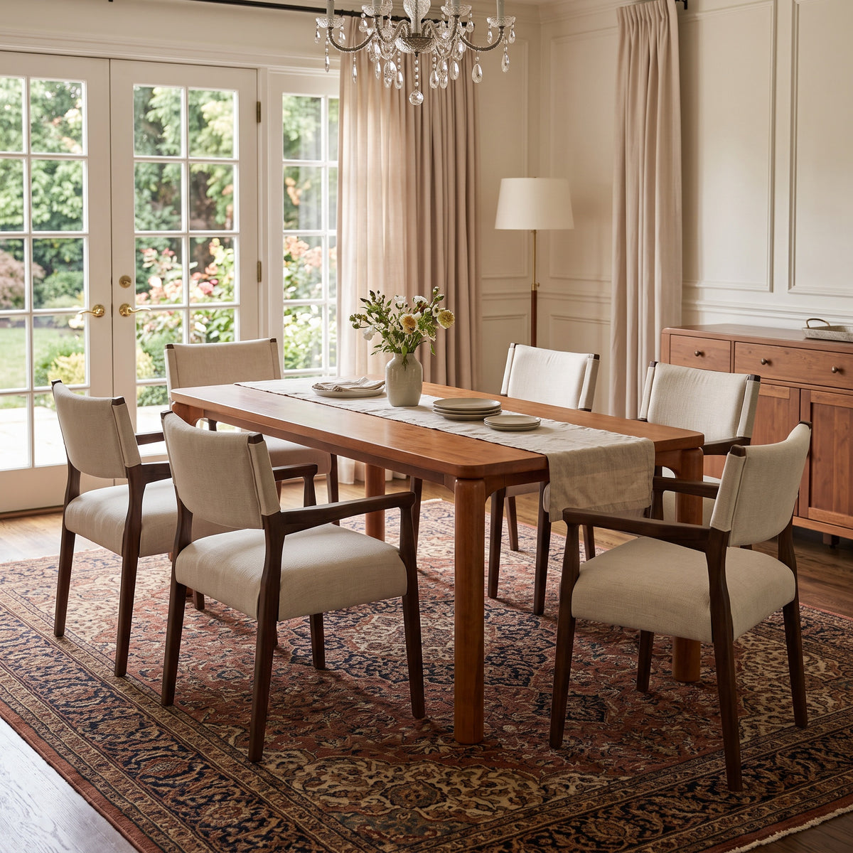 7-Piece Rectangular Dining Table Set, 70-Inch Walnut Rubber Wood with Beige Upholstered Chairs