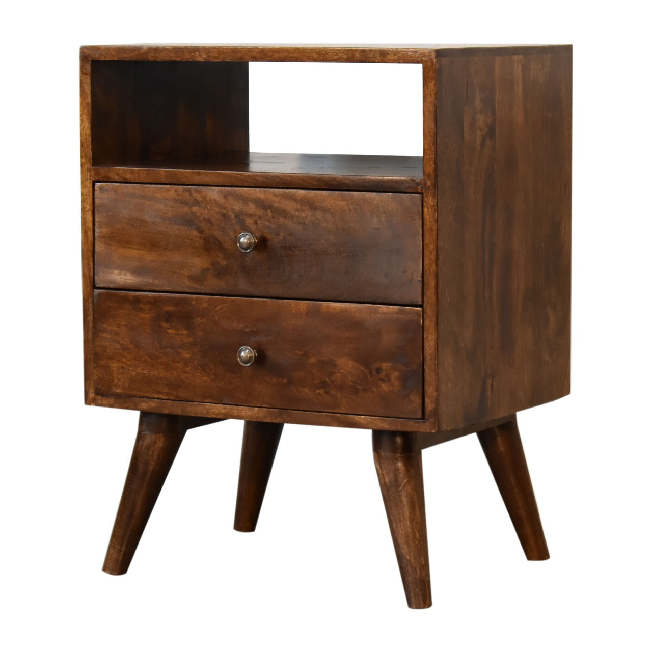 Classic Chestnut Nightstand, 2-Drawers, 1 Open-Slot, Nordic Legs