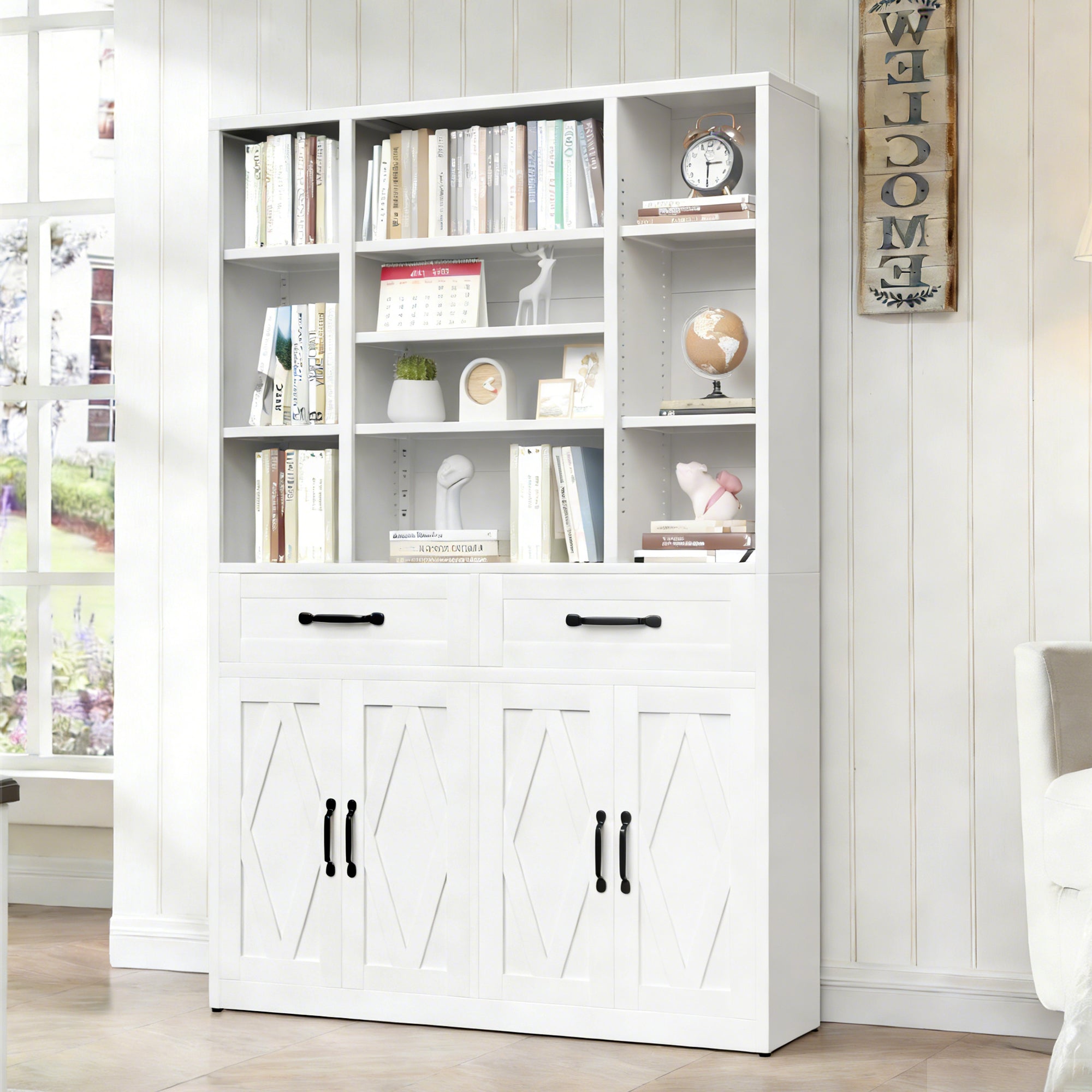 71" Tall Bookcase with Doors, Drawers & Adjustable Open Shelves