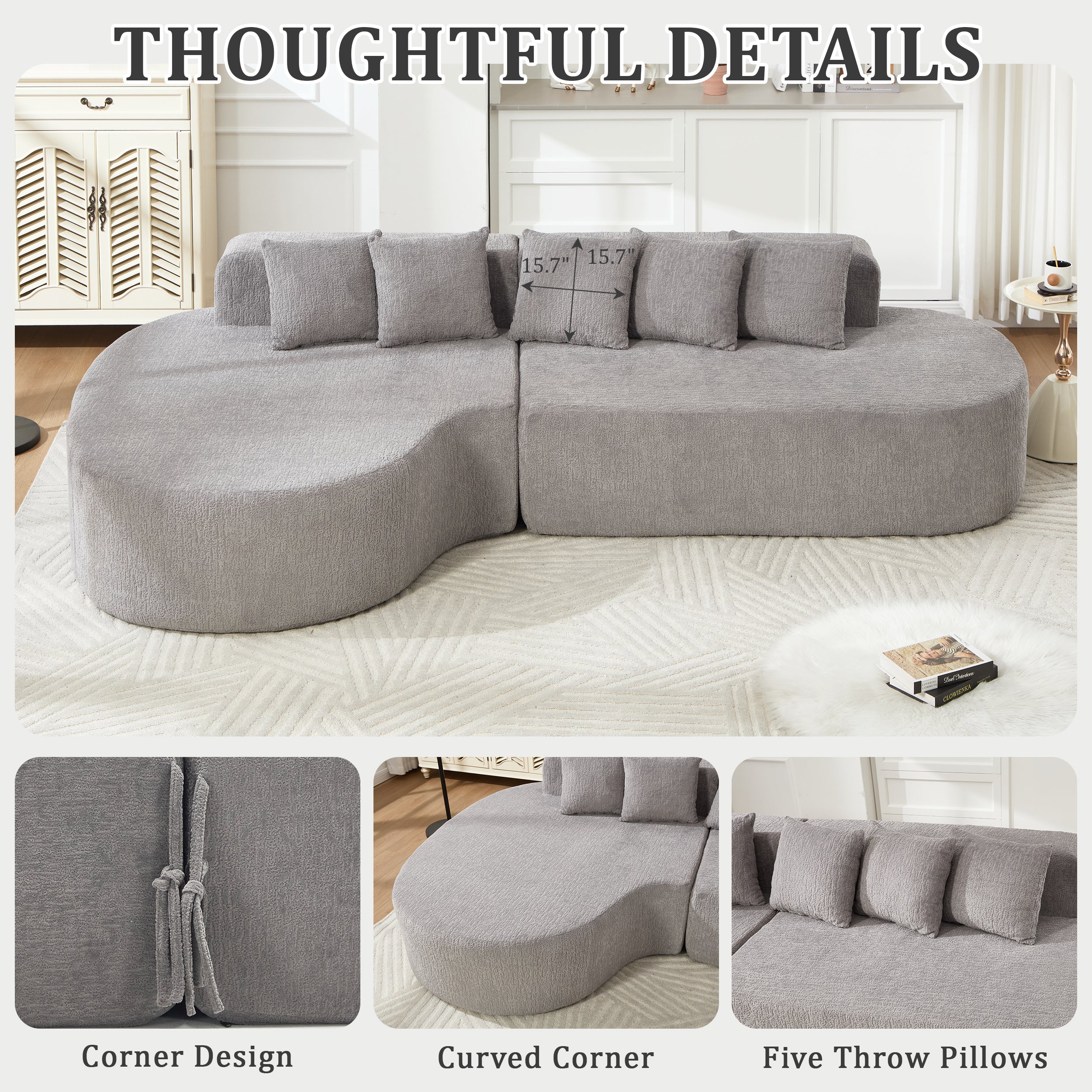 Boneless L-Shape Sectional Curved Sofa with Pillows