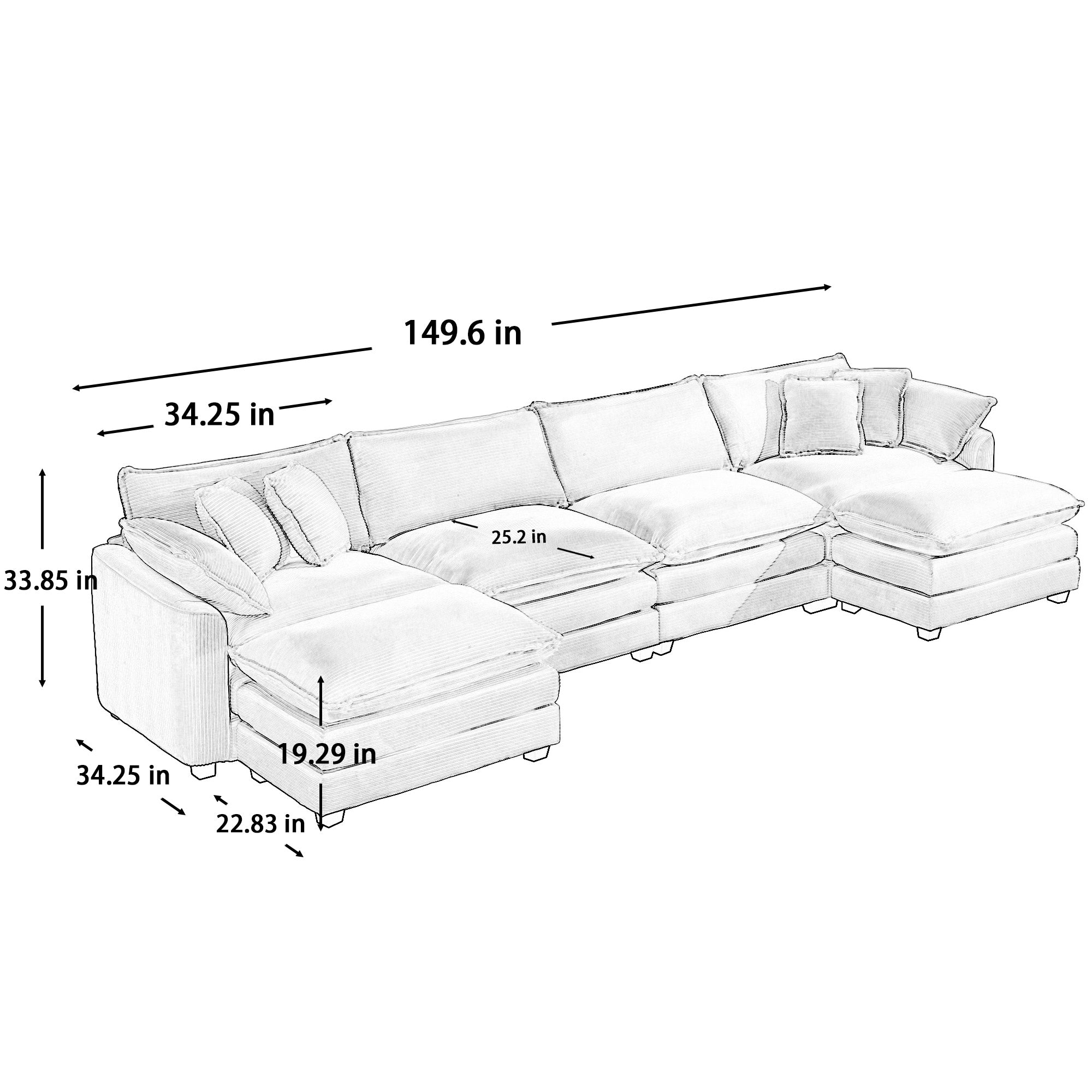 Corduroy Sofa - Modern Upholstered 4 Seater with Footstools