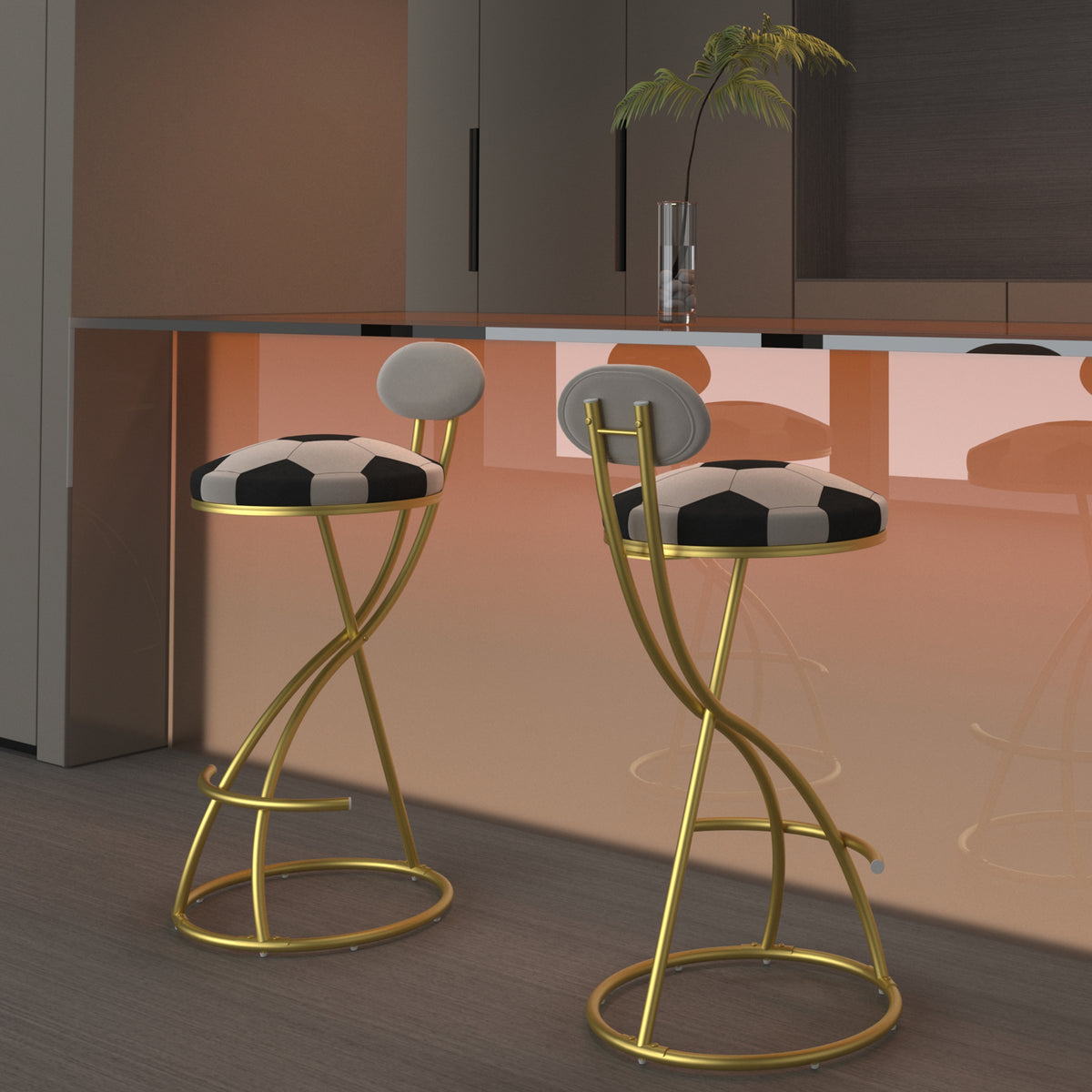 Football Print Bar Stools Set of 2, Counter Height, Gold Frame, Creamy White Velvet