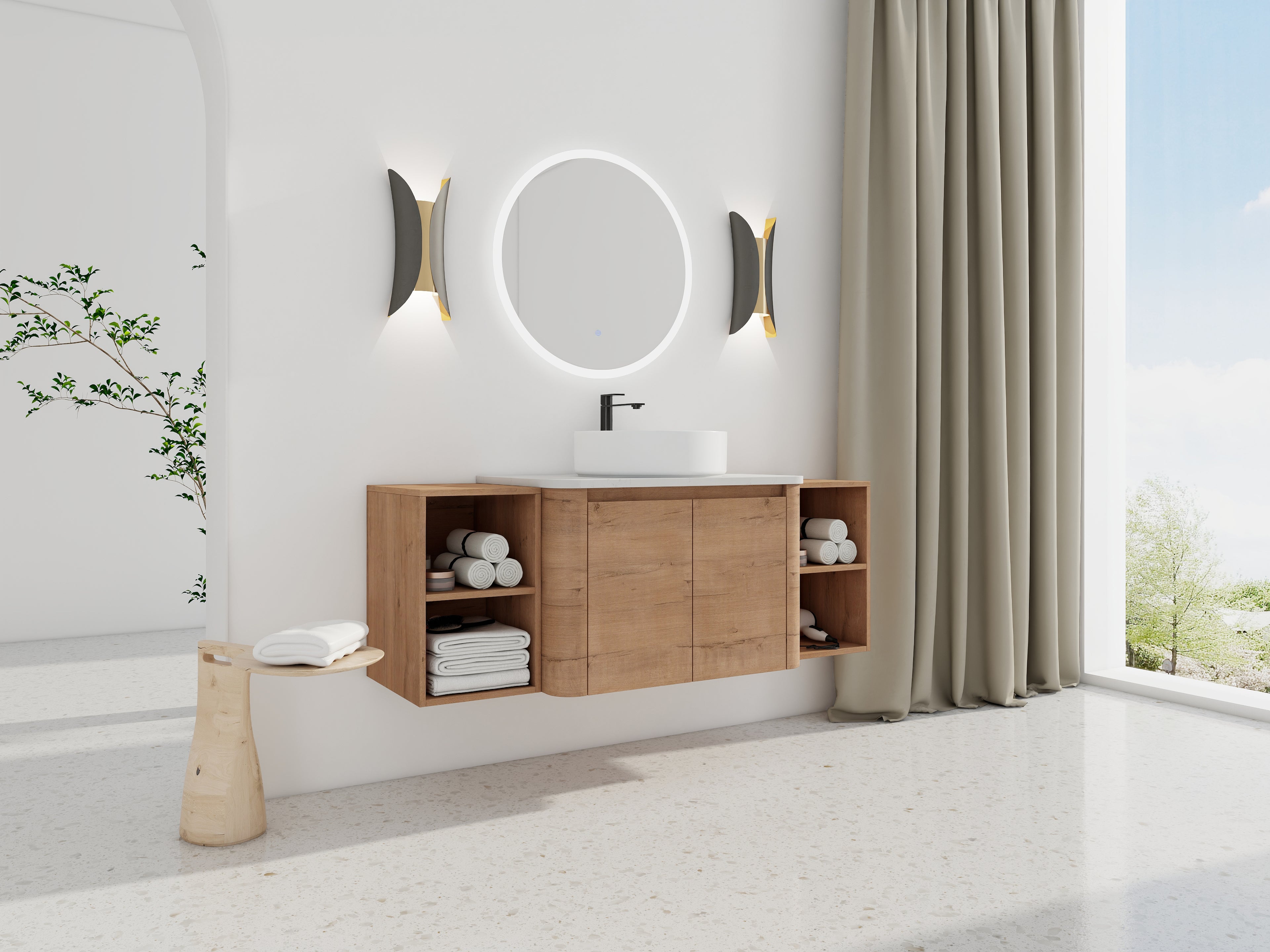 54" Wall-Mounted Bathroom Vanity with Ceramic Art Sink