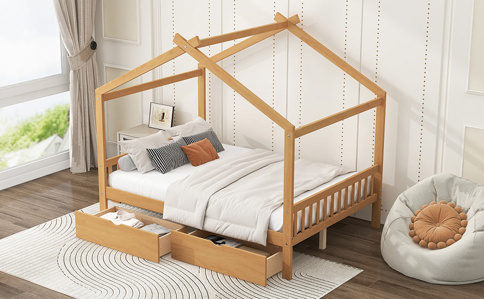 Full Size House Platform Bed with Two Drawers, Headboard and Footboard, Roof Design