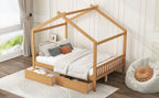 Full Size House Platform Bed with Two Drawers, Headboard and Footboard, Roof Design