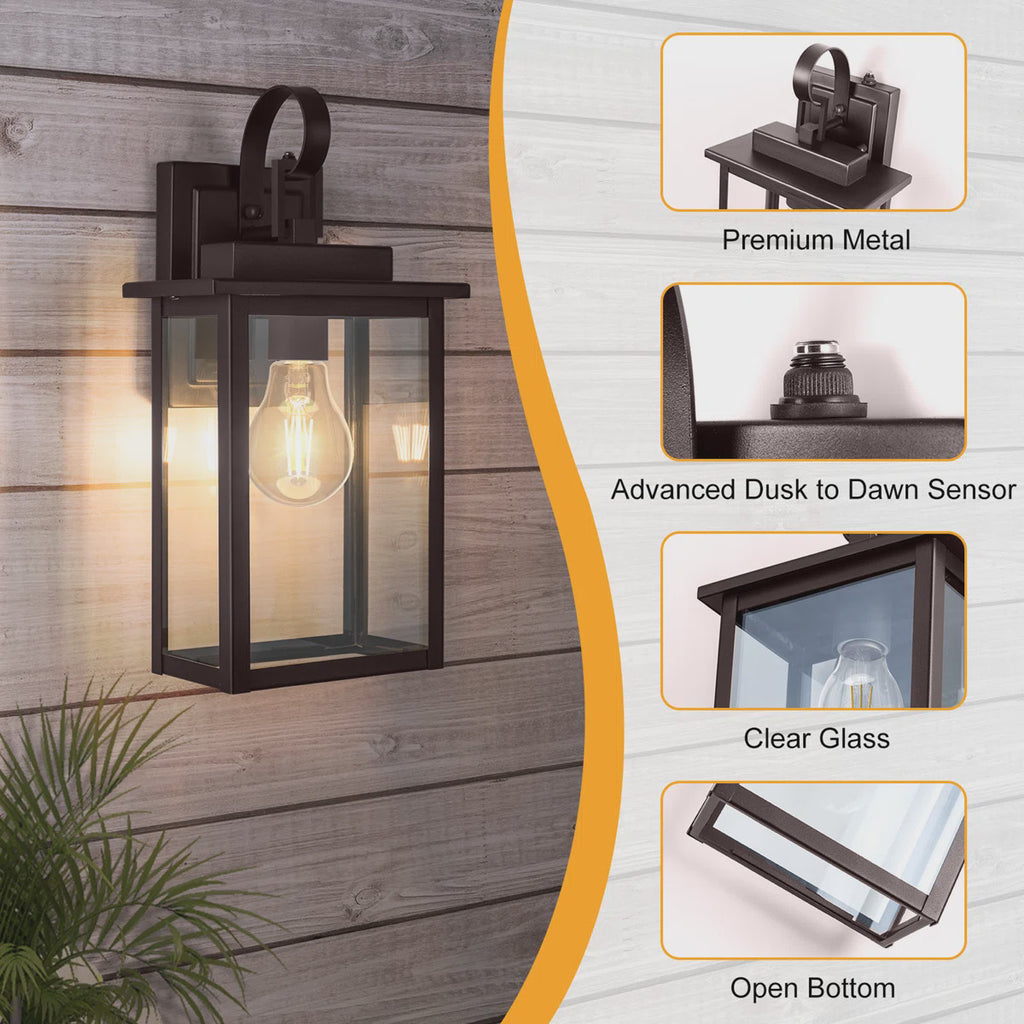 Oil-Rubbed Bronze Outdoor Wall Light, 15-Inch Height, Tempered Glass