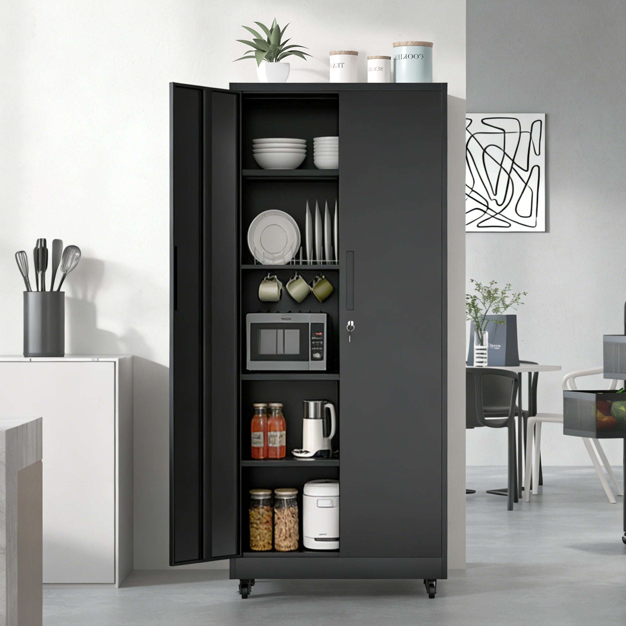 71"H Metal Garage Storage Cabinet with Wheels and Lock