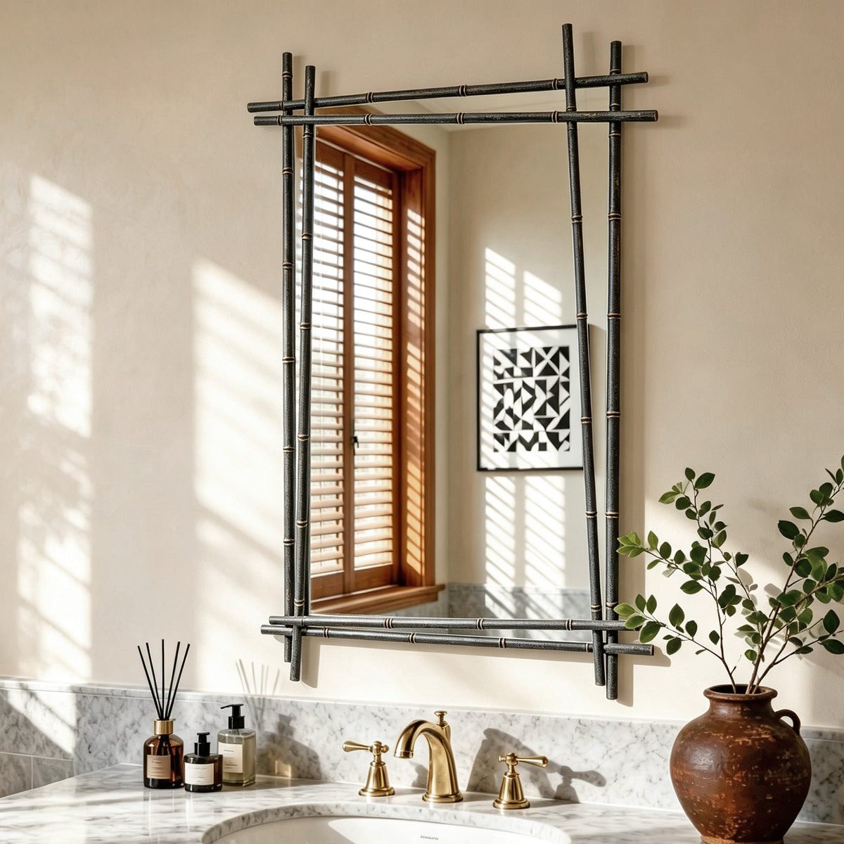Metal Bamboo‑Inspired Wall Mirror, Rectangular Decor Mirror 26.77×41.73 Inch for Home Decor(Black)