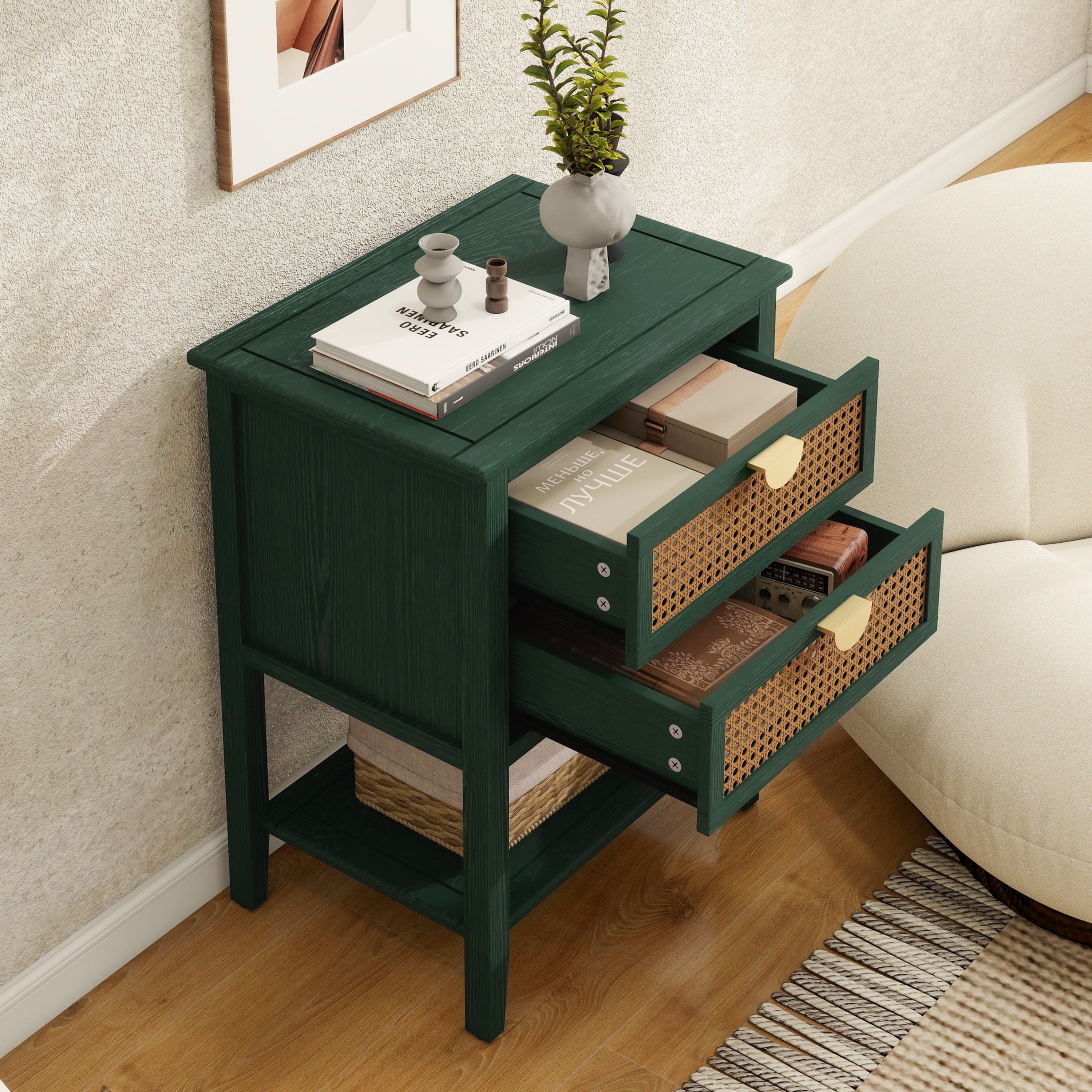 2 Drawer Side Table in Natural Rattan
