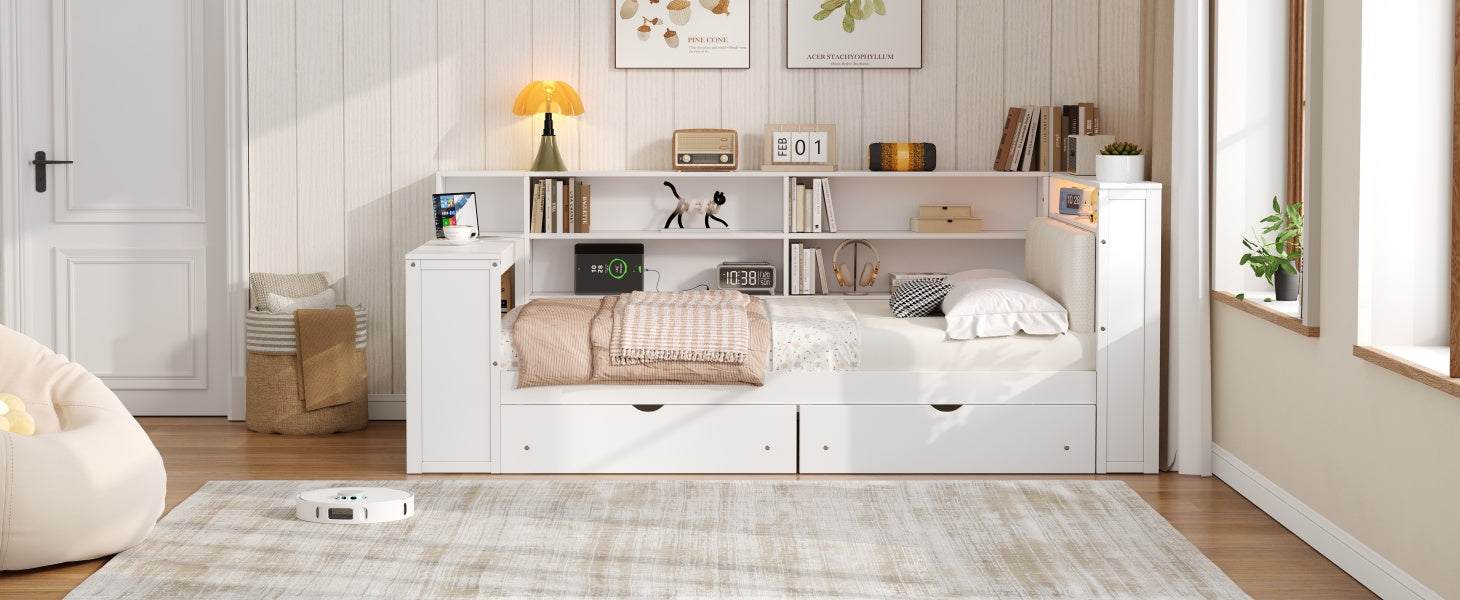 Wood Full Size Platform Bed with Storage Shelves and Charging Station