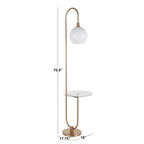 Trombone Contemporary Floor Lamp in Nickel Metal with Clear Glass Shelf