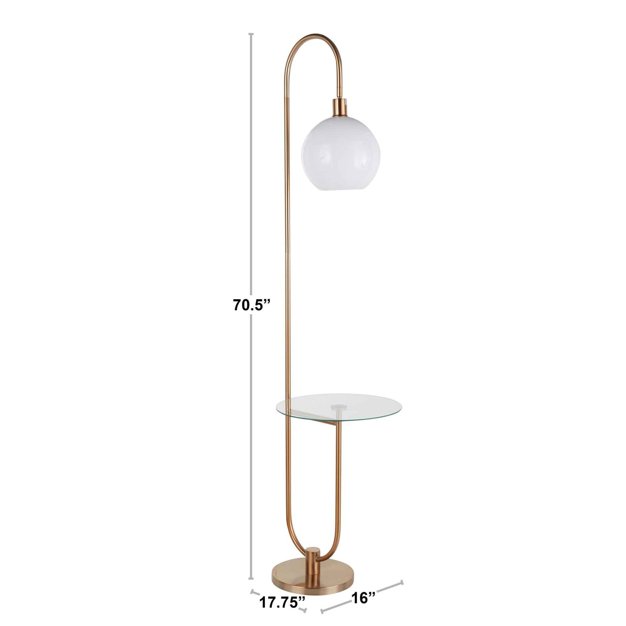 Trombone Contemporary Floor Lamp in Nickel Metal with Clear Glass Shelf