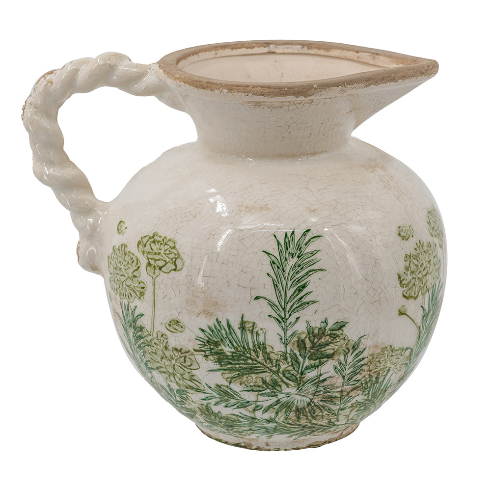 White Ceramic Pitcher Vase with Green Botanical Motifs and Twisted Handle