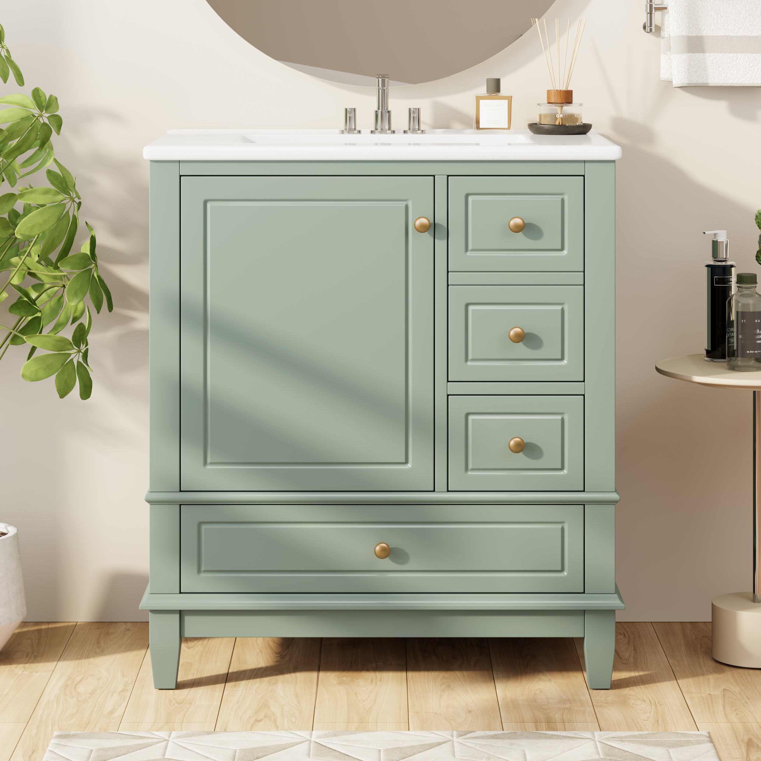 30" Bathroom Vanity with Sink, One Door and Three Drawers