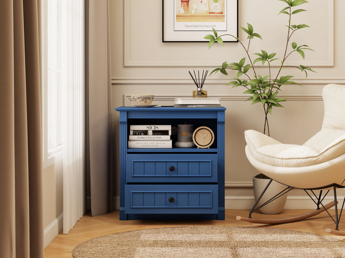 Dusty Nightstand with Charging Station, 2-Drawer, Aged Blue
