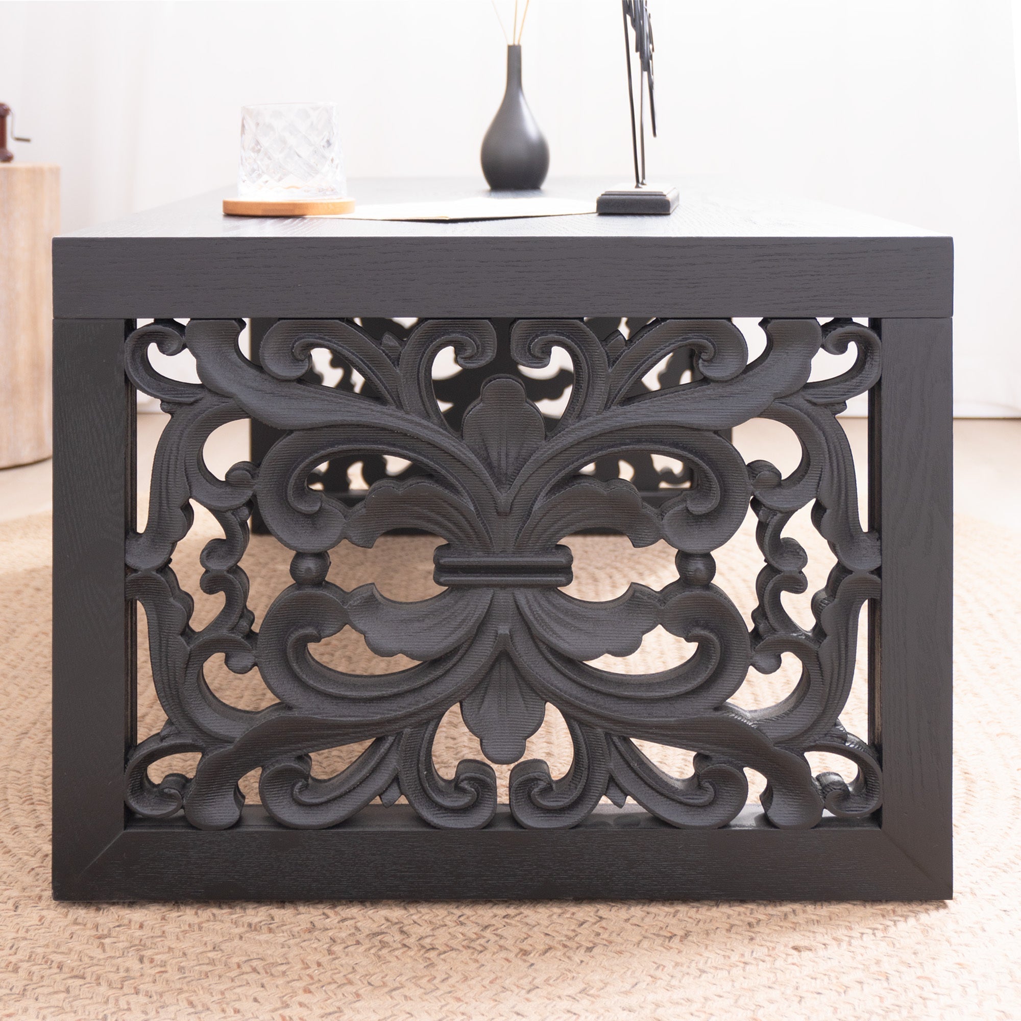 47.2" Solid Black Carved Wood Coffee Table – Handcrafted Look with Ornate Side Panels