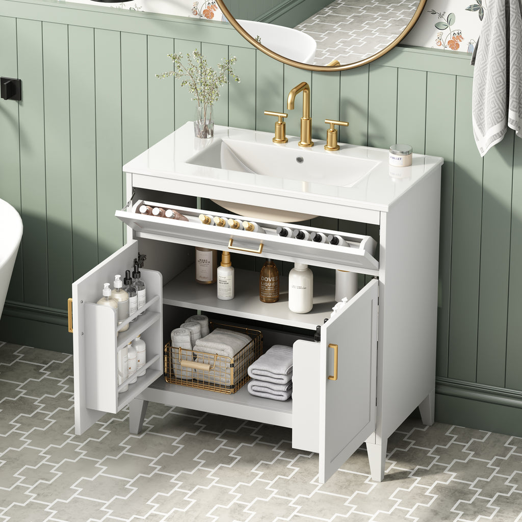 30-Inch Bathroom Vanity with Ceramic Sink, Soft-Close Doors, White