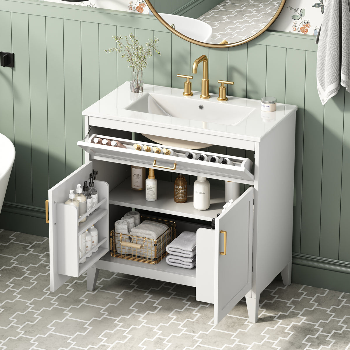 30-Inch Bathroom Vanity with Ceramic Sink, Soft-Close Doors, White