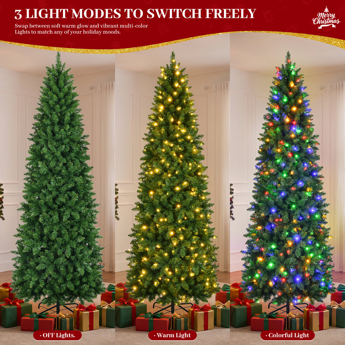 Prelit Pencil Christmas Tree, 9-Foot, Warm White & Multi-Color Lights