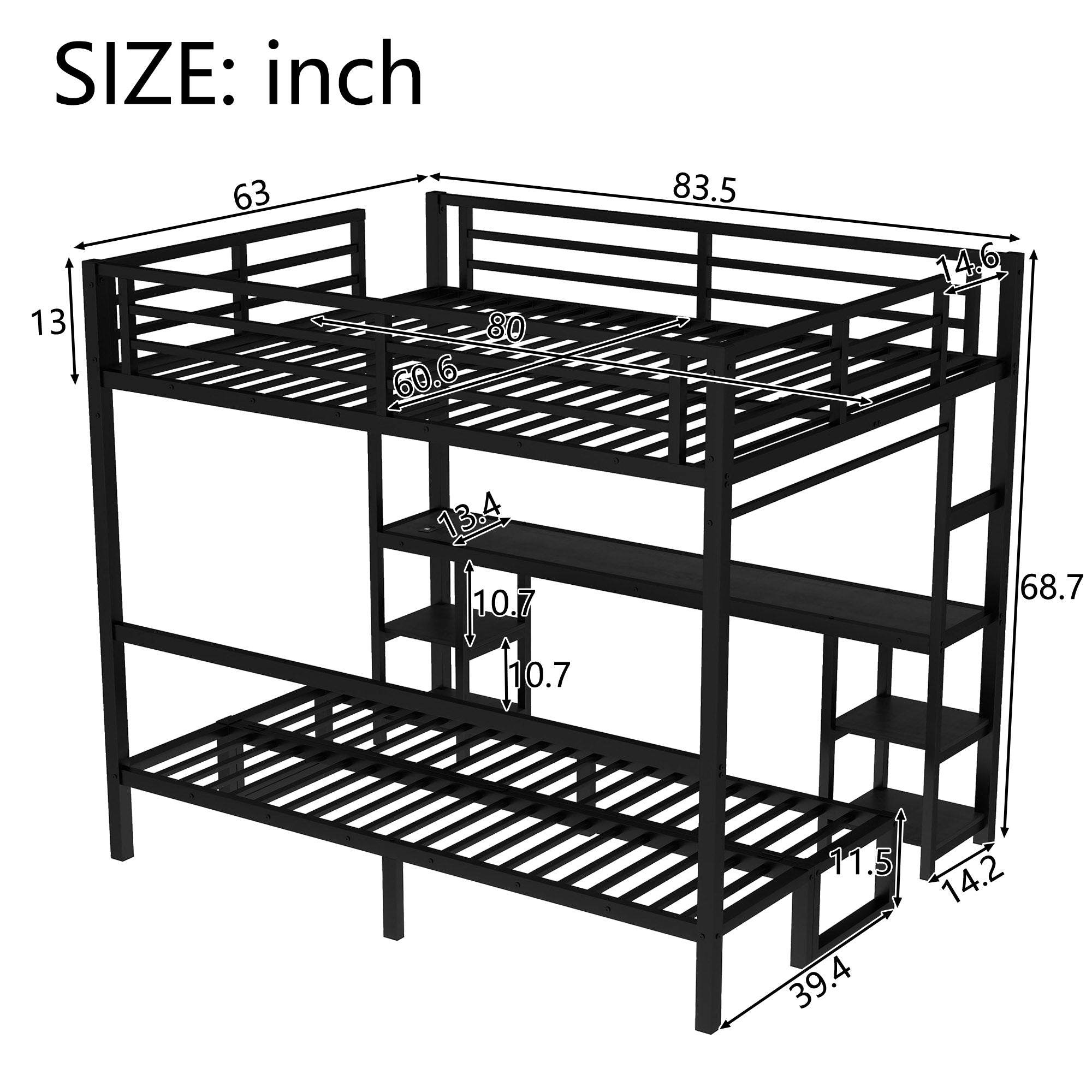 Queen Over Twin XL Metal Bunk Bed with Desk and Shelves