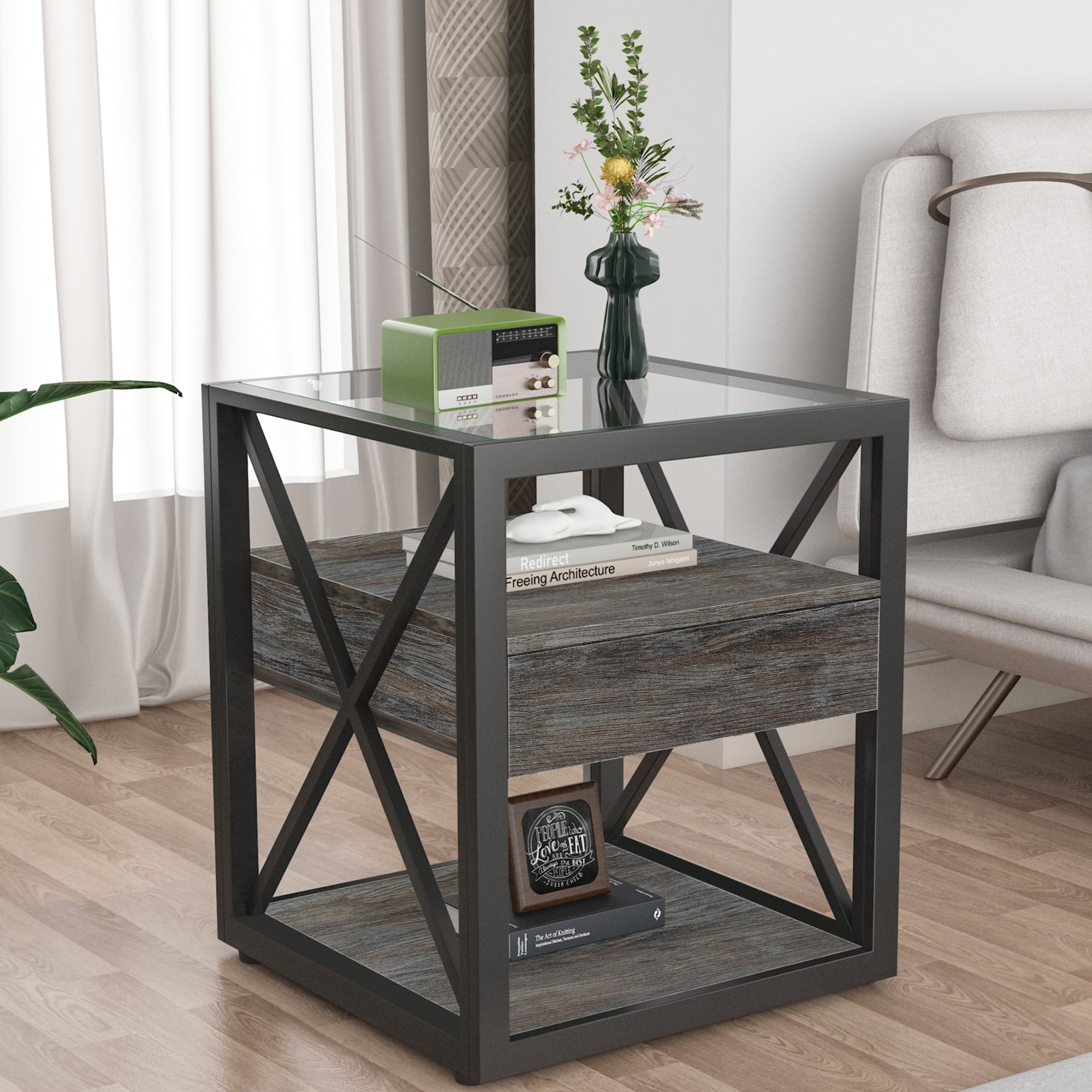 Set of 2 Modern End Table with Drawer