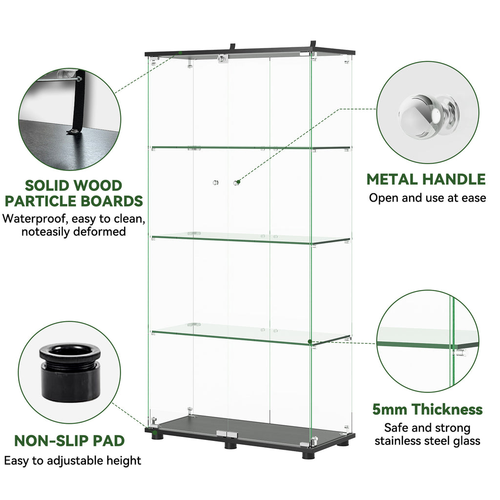Glass Display Cabinet with 4-Shelf Double Doors and Lock