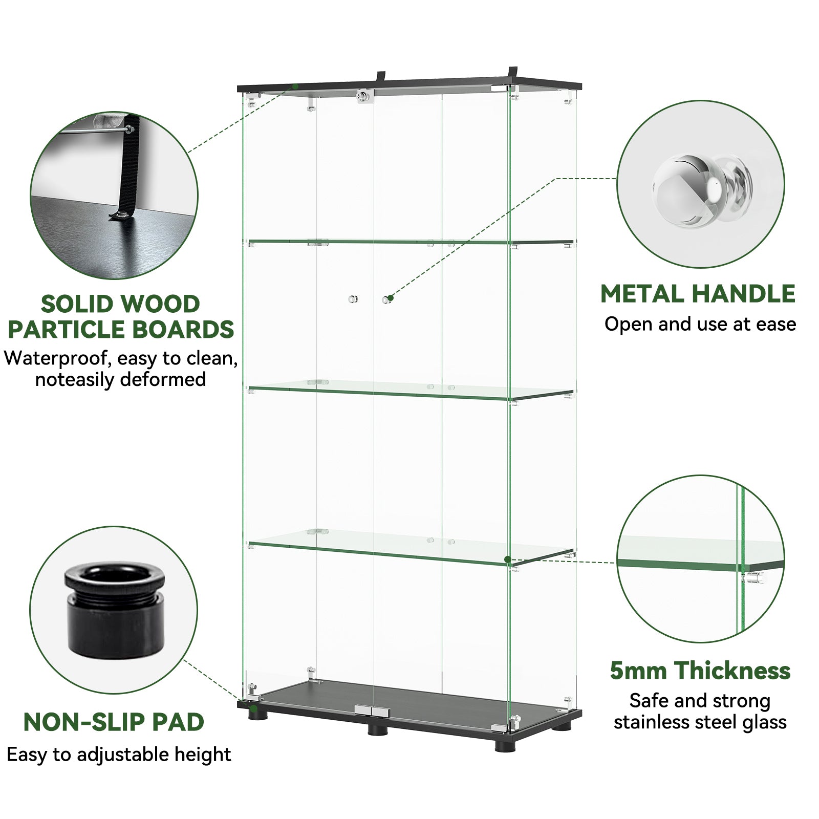 Glass Display Cabinet with 4-Shelf Double Doors and Lock