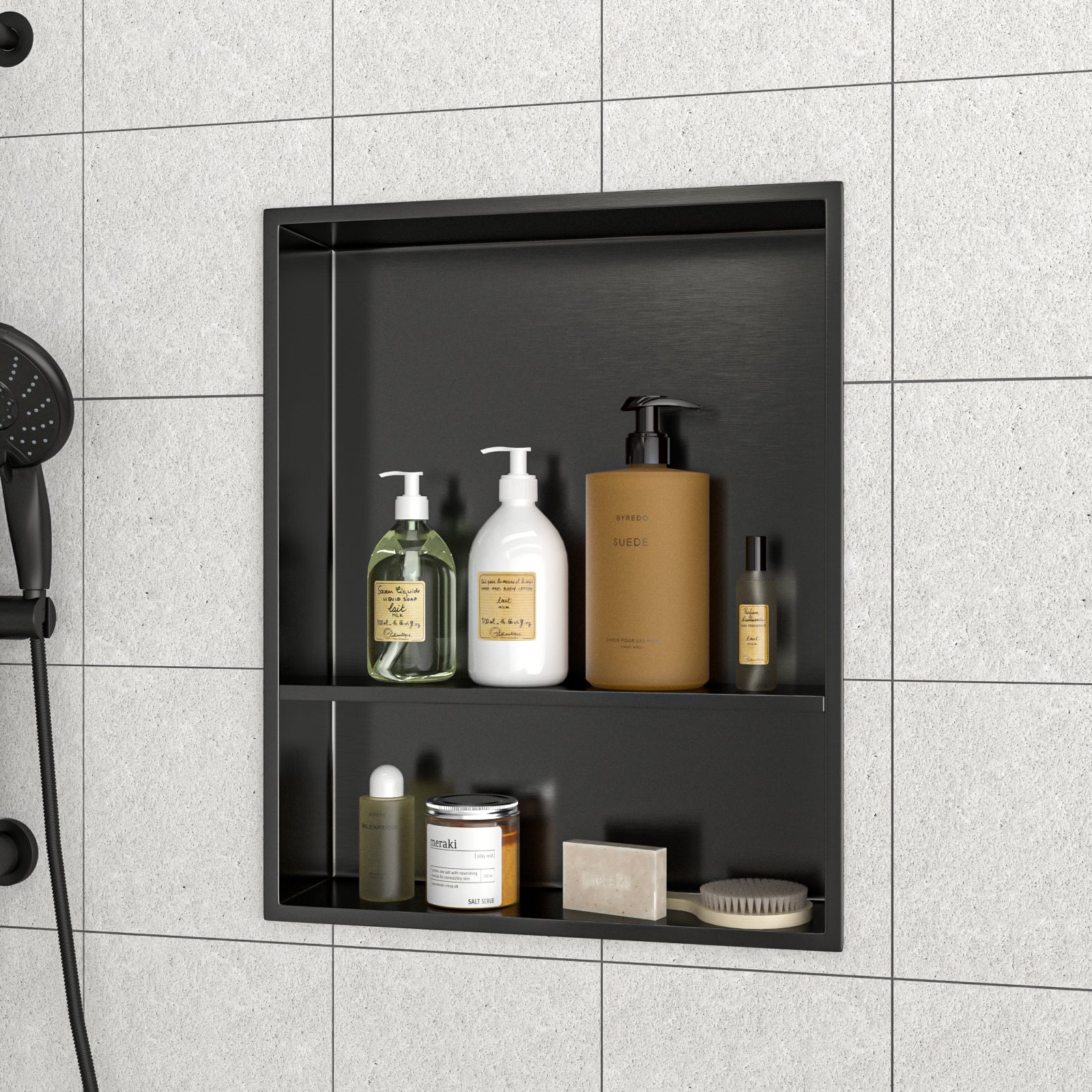 21" x 17" Stainless Steel Shower Niche Double Shelf, Gunmetal