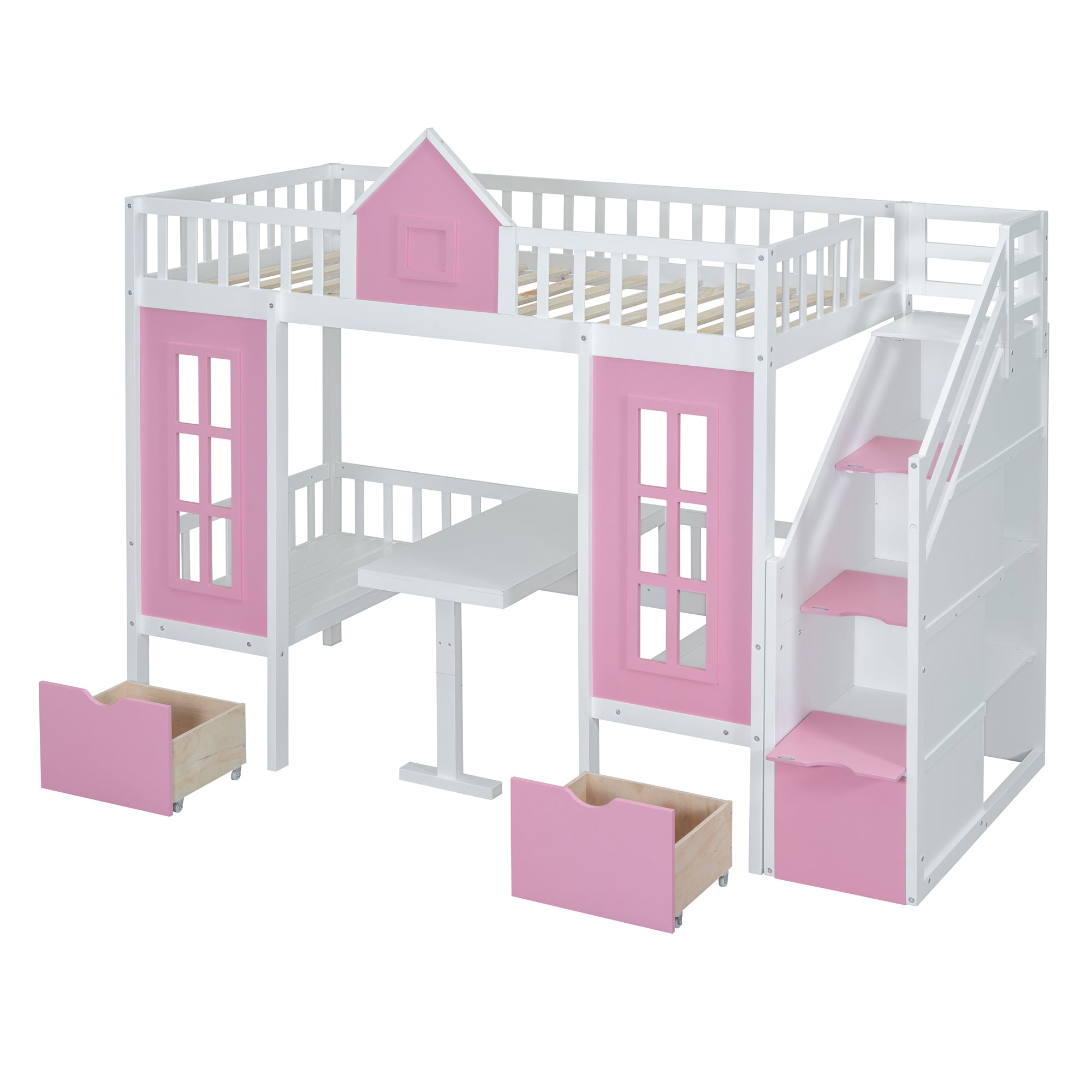 Twin-Over-Twin Bunk Bed with Changeable Table - Pink