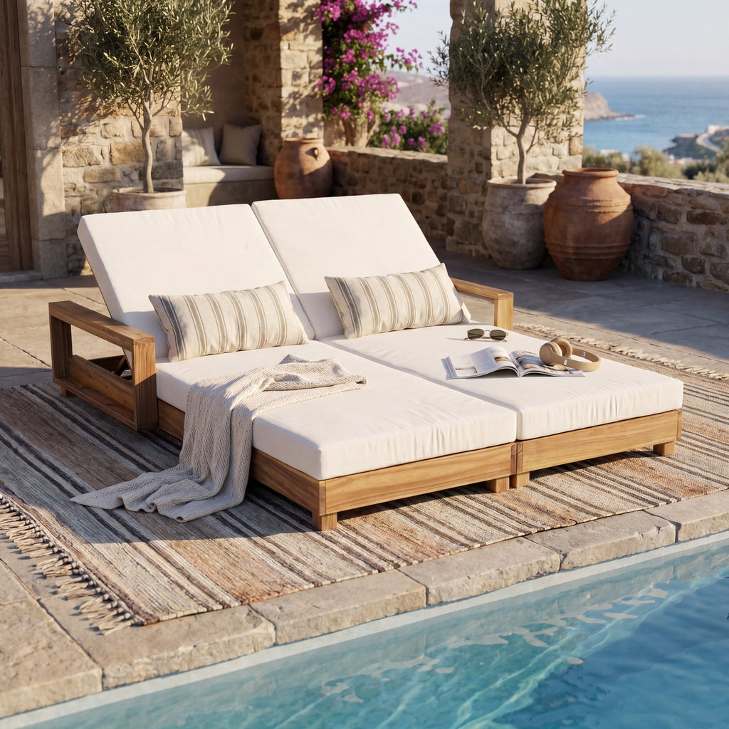 Double Acacia Wood Chaise Lounge Set, 1 Double Recliner with 2 Pieces 2-Fold