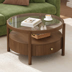 Solid Wood Round Glass Top Coffee Table with Storage Drawer