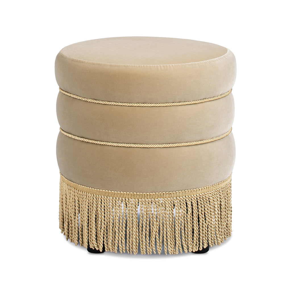 Edward 17.5" Round Upholstered Ottoman with Bullion Fringe Fawn