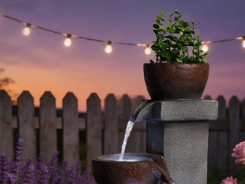 Outdoor Water Fountain Tiered Cascading Jar Waterfall Resin Garden Patio Decor with LED Lights