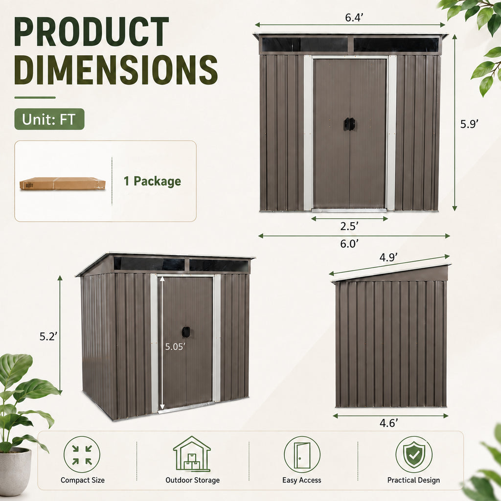 6ft x 5ft Sloped Roof Metal Shed with Transparent Top Panels