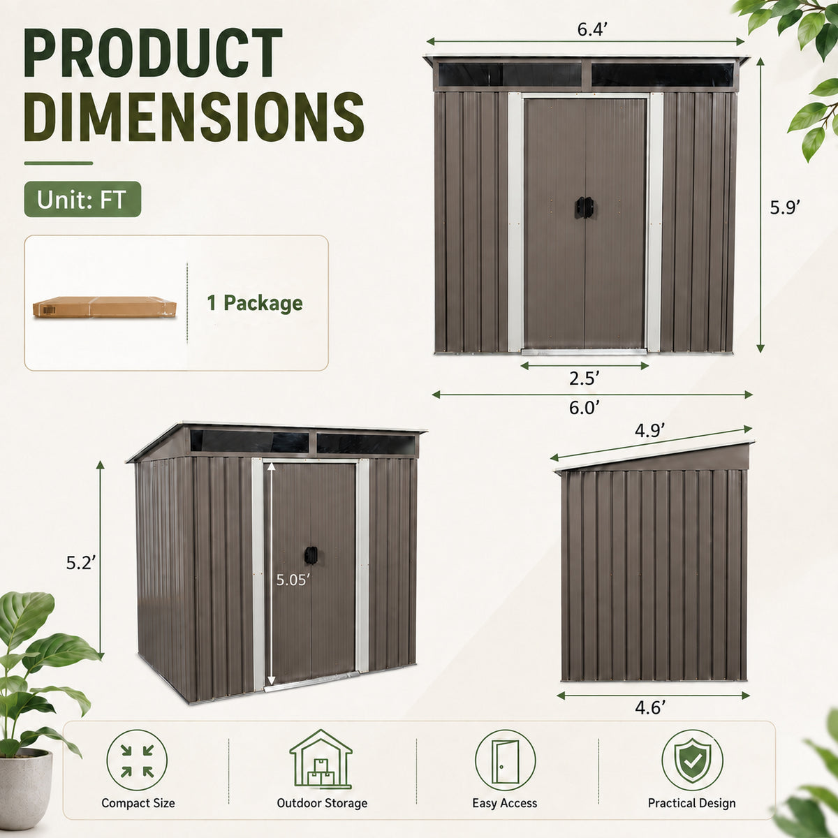 6ft x 5ft Sloped Roof Metal Shed with Transparent Top Panels