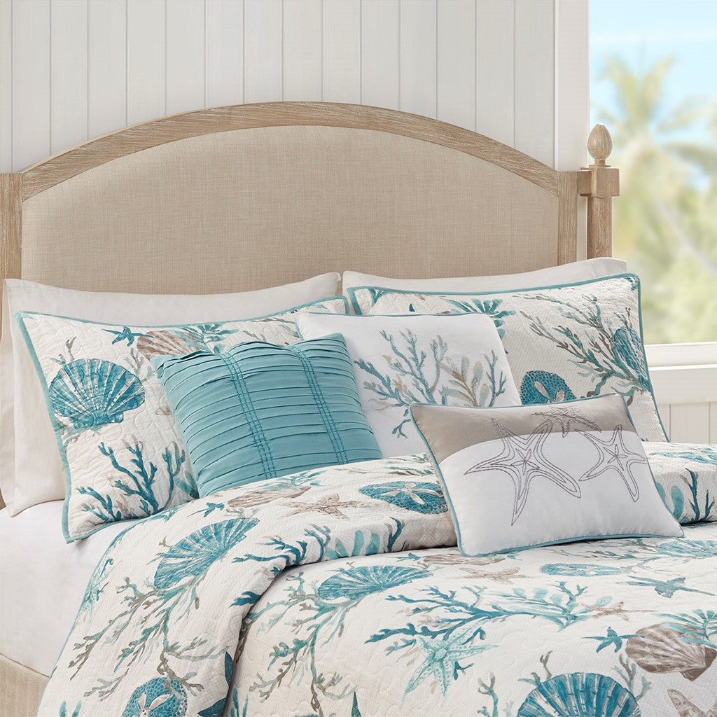 6 Piece Cotton Sateen Quilt Set with Throw Pillows Aqua Full/Queen