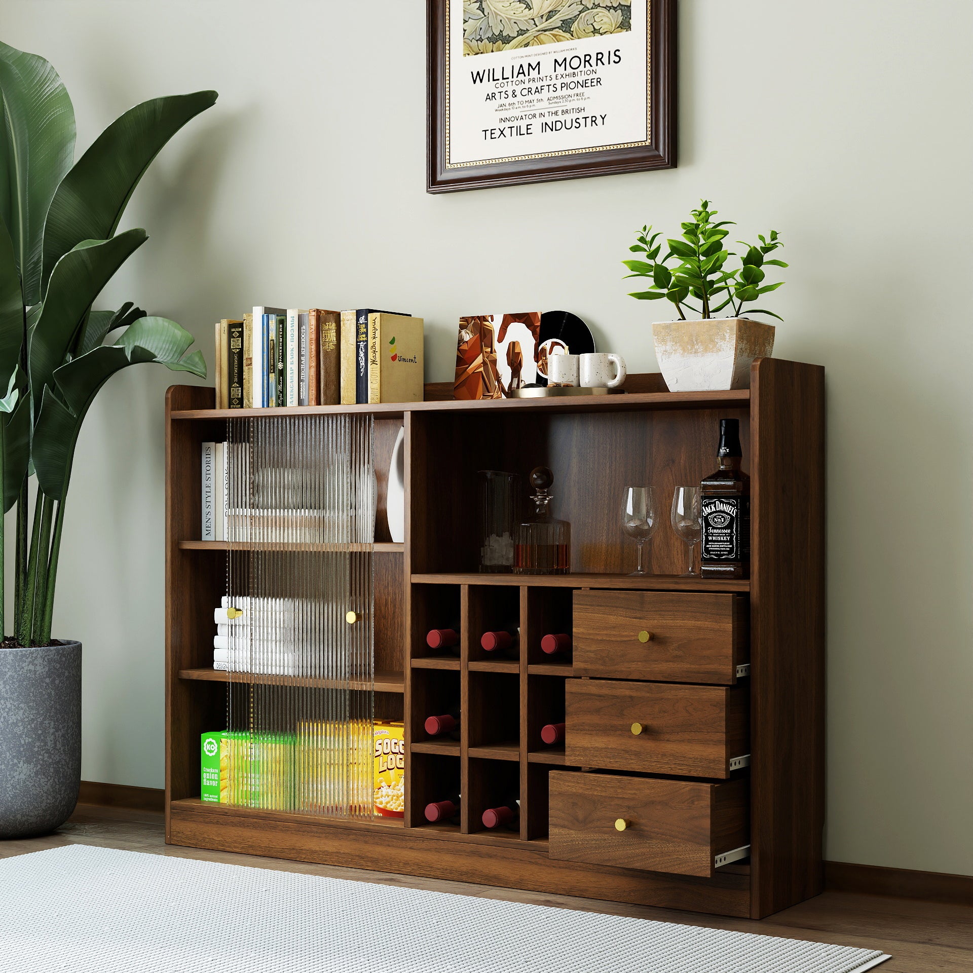 Sideboard With 2 Sliding Striped Glass Doors