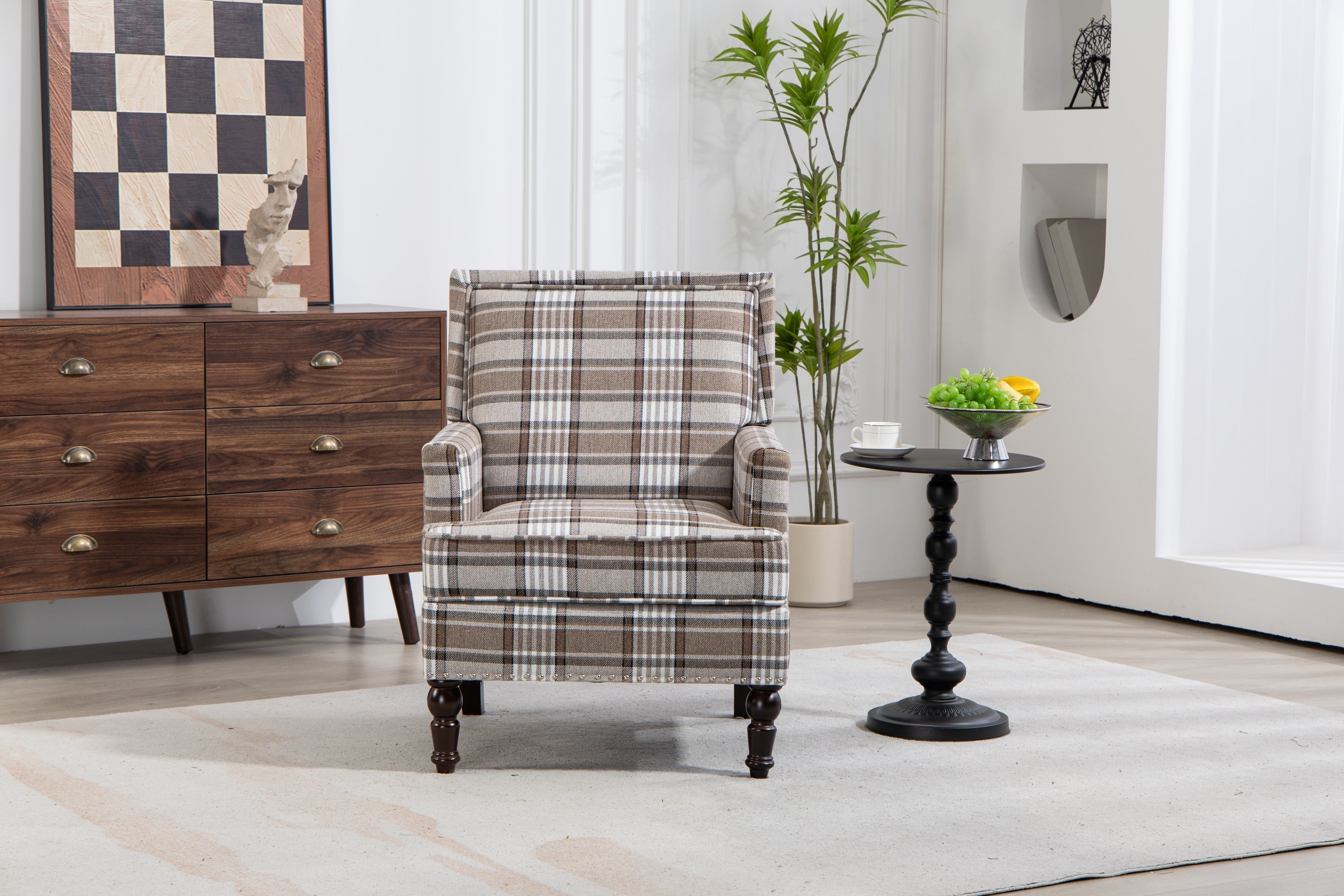 Upholstered Accent Chair with Brown Linen Fabric and Nailhead Trim