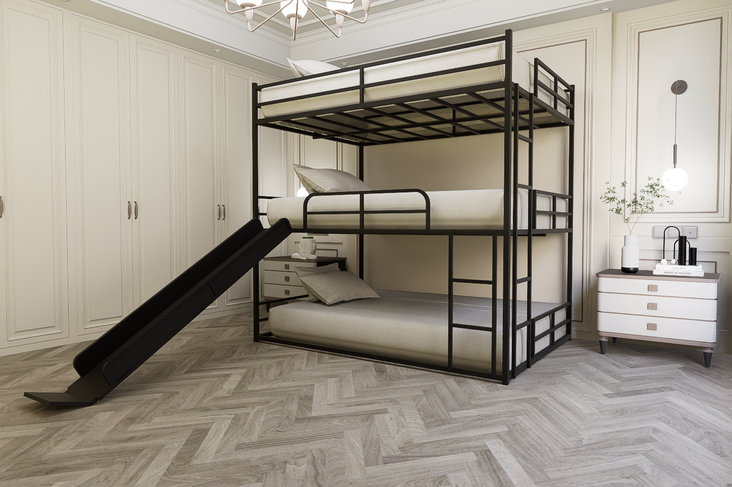 Metal Full Size Loft Bed with Slide and Ladder