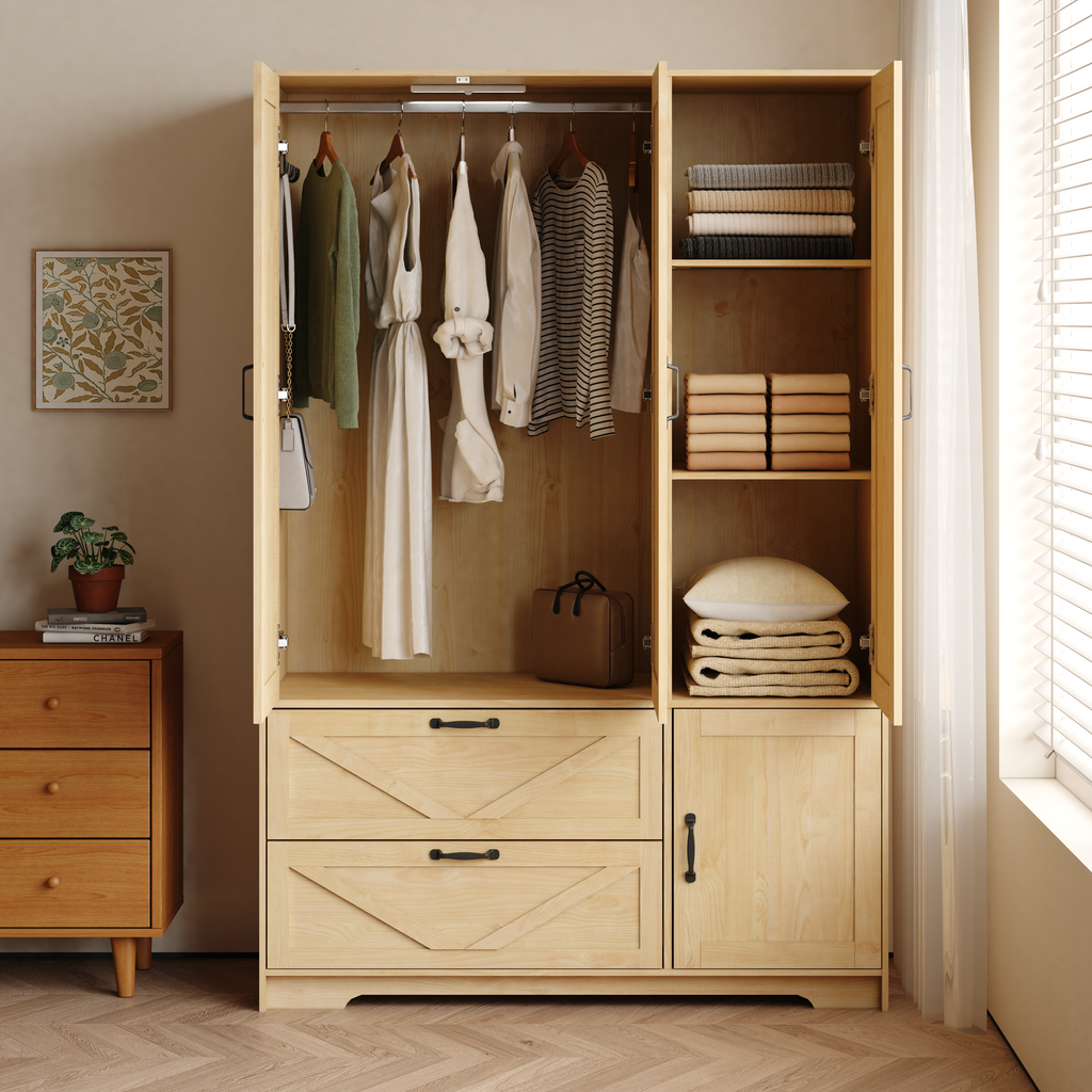 4 Doors Wardrobe Closet with Mirror, LED Wardrobe with Doors