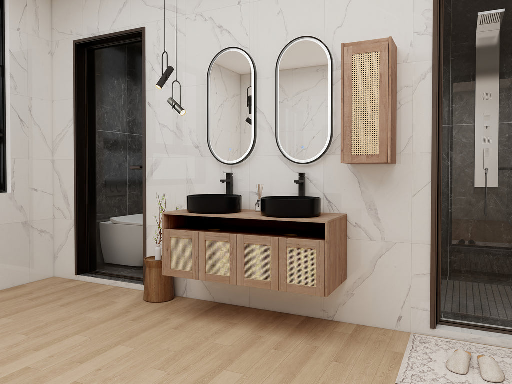 48" Bathroom Vanity with 2-Ceramic Art Sink and Side Cabinet