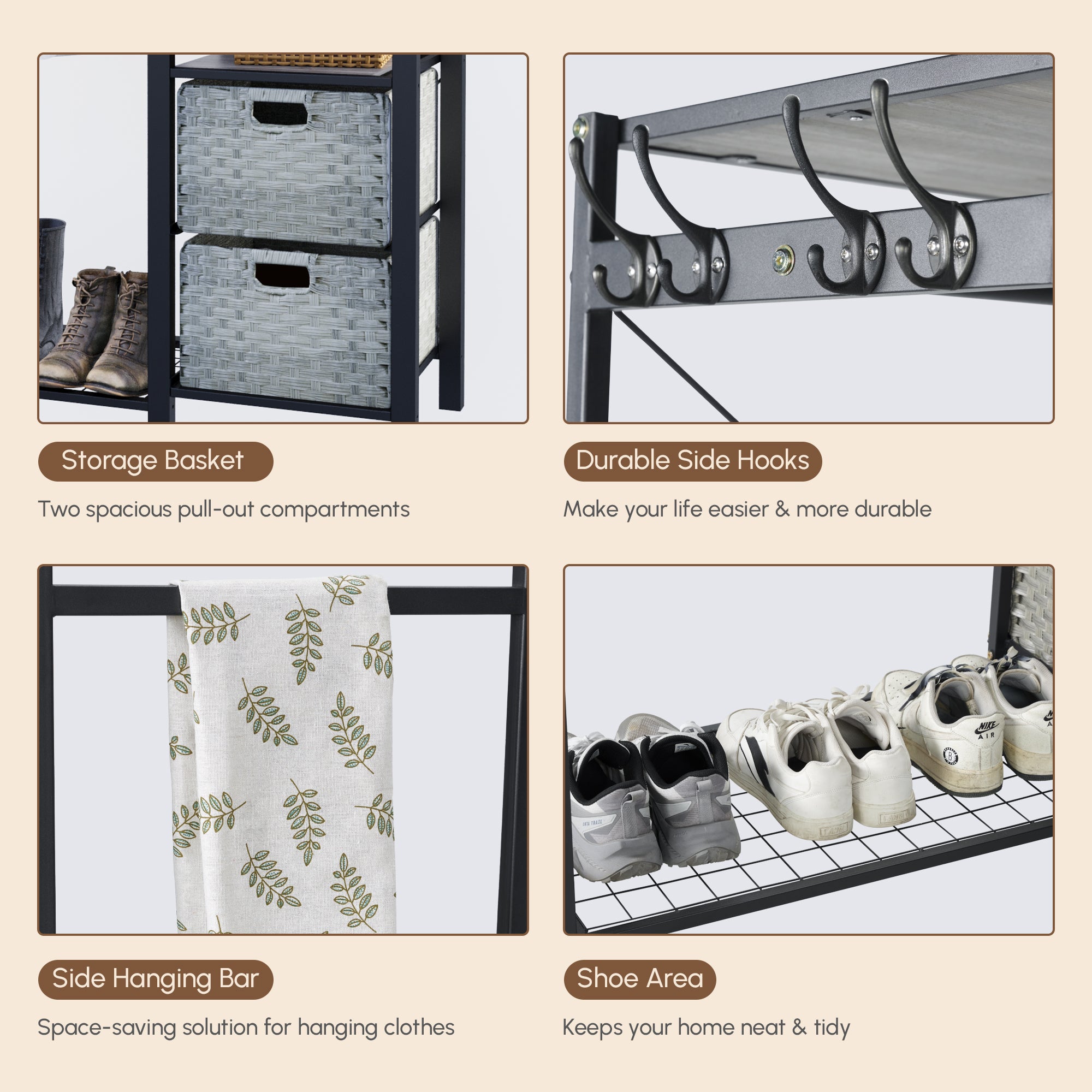 Acacia Wood Garment Racks with Shelves and Wicker Drawers