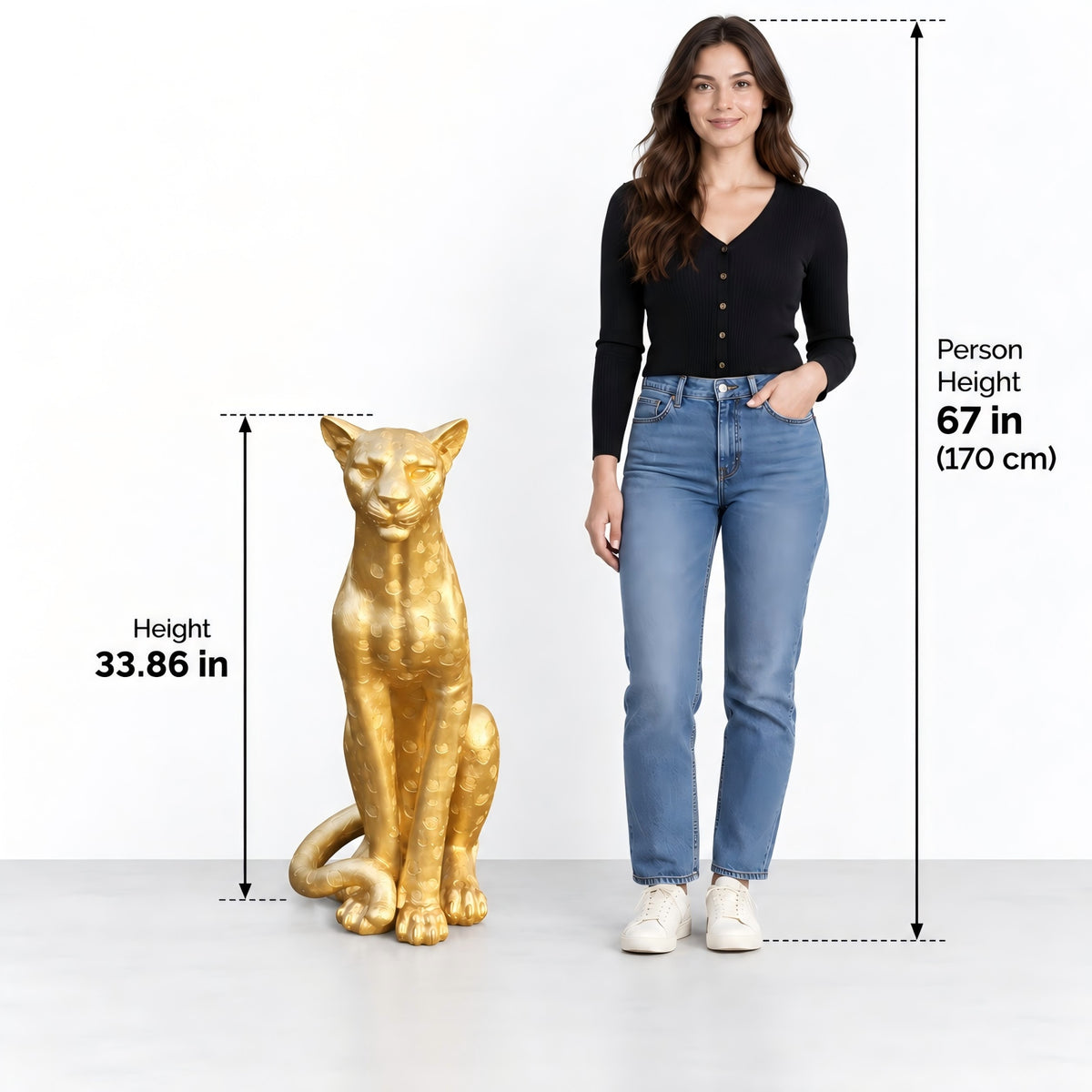 Gold Leopard Statue, 33.86 Inch Tall, Resin Fiberglass Seated Sculpture