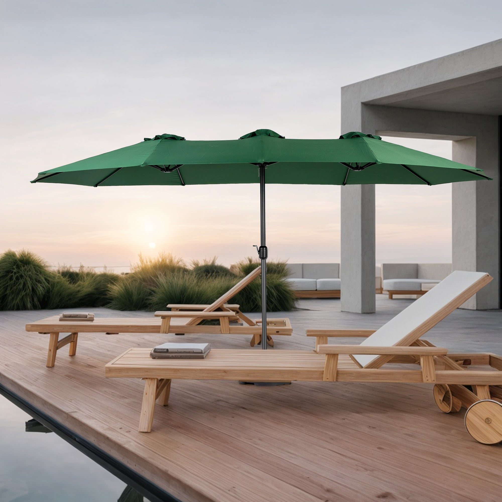 14.8 Ft Double Sided Outdoor Umbrella Rectangular Large with Crank (Dark Green)