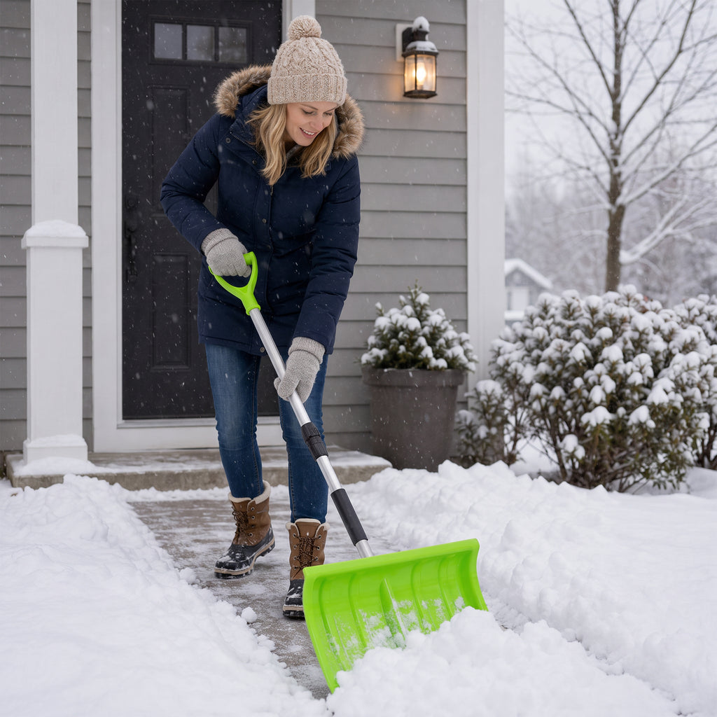 Portable Adjustable Height Snow Shovel with D-Grip Handle, 19-Inch Blade, Green